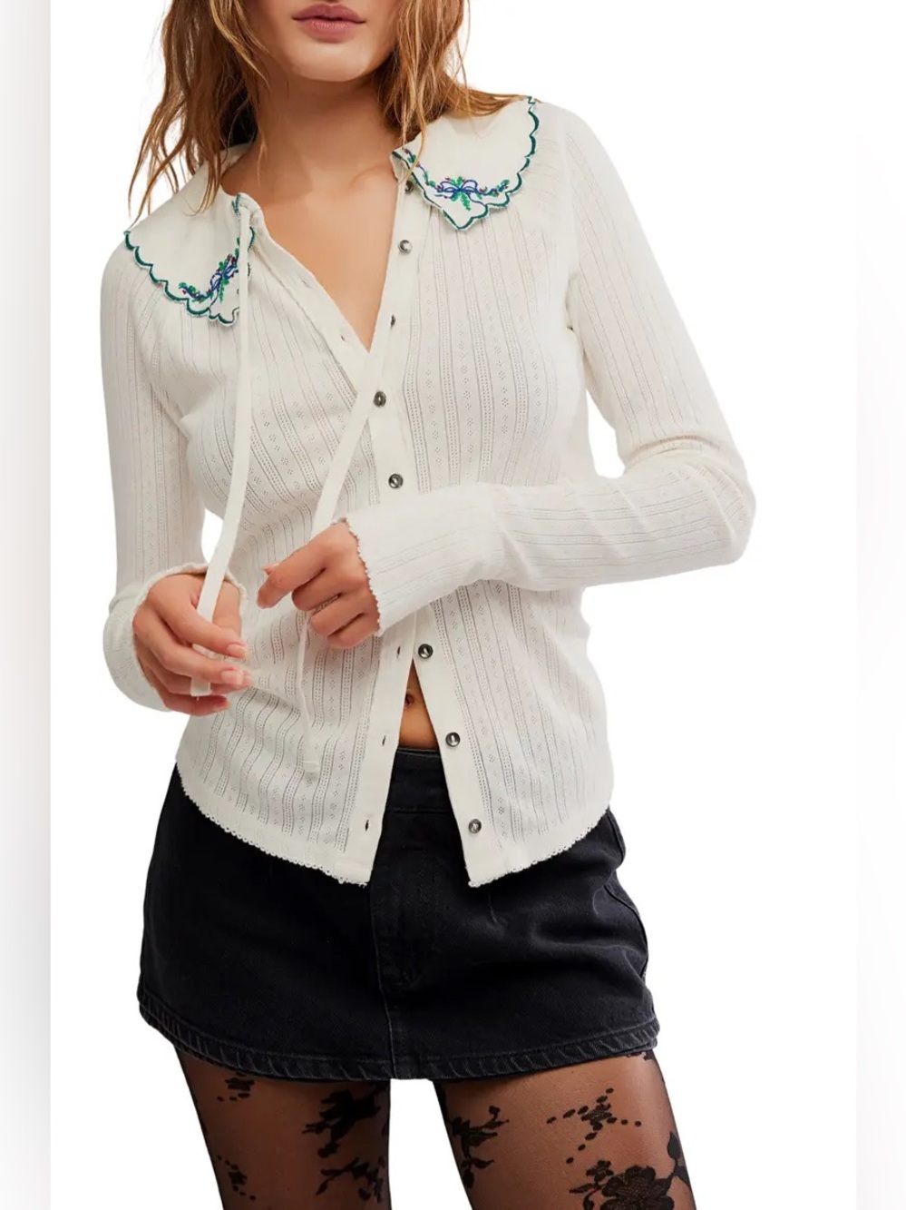 Free People Juniper Embroidered Pointelle Cotton Button-Up Top